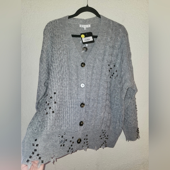 NWT HYFVE "Sterling Cardigan" Button-Up Sweater w/Studs✨️Distressing Gray🩶Large - Picture 9 of 15